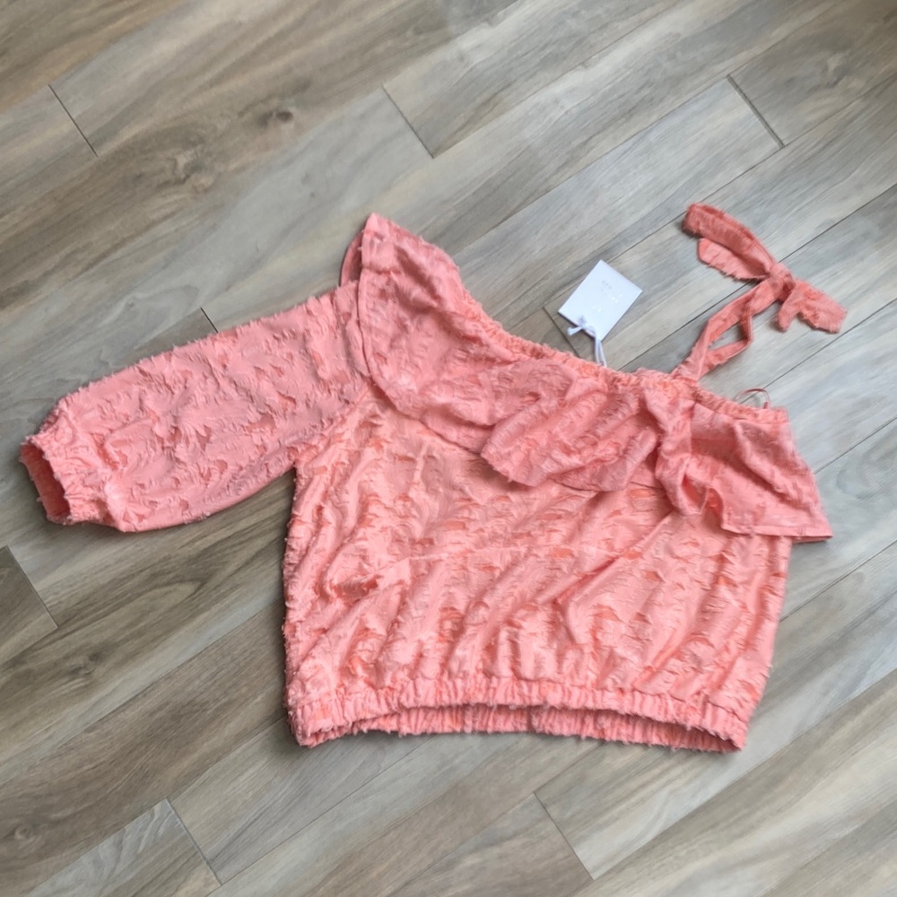 LC Lauren Conrad boho peachy texture ruffle neck boho top bow detail size L - Picture 17 of 17